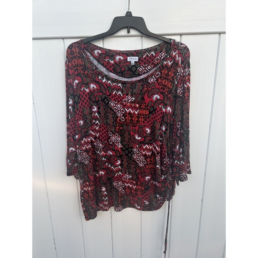 High Fifth Womens Multicolor Geometric Top Ruched Side 3/4 Sleeve Stretch Sz 2X